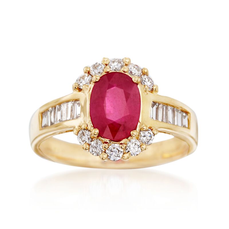 1.50 Carat Ruby and .65 ct. t.w. Diamond Halo Ring in 14kt Yellow Gold image number 0