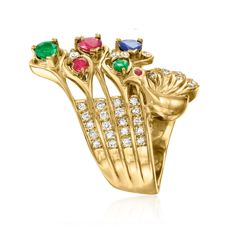 C. 1980 Vintage 1.60 ct. t.w. Multi-Gemstone Peacock Ring with .90 ct. t.w. Diamonds in 18kt Yellow Gold. Size 6.5 image number 2