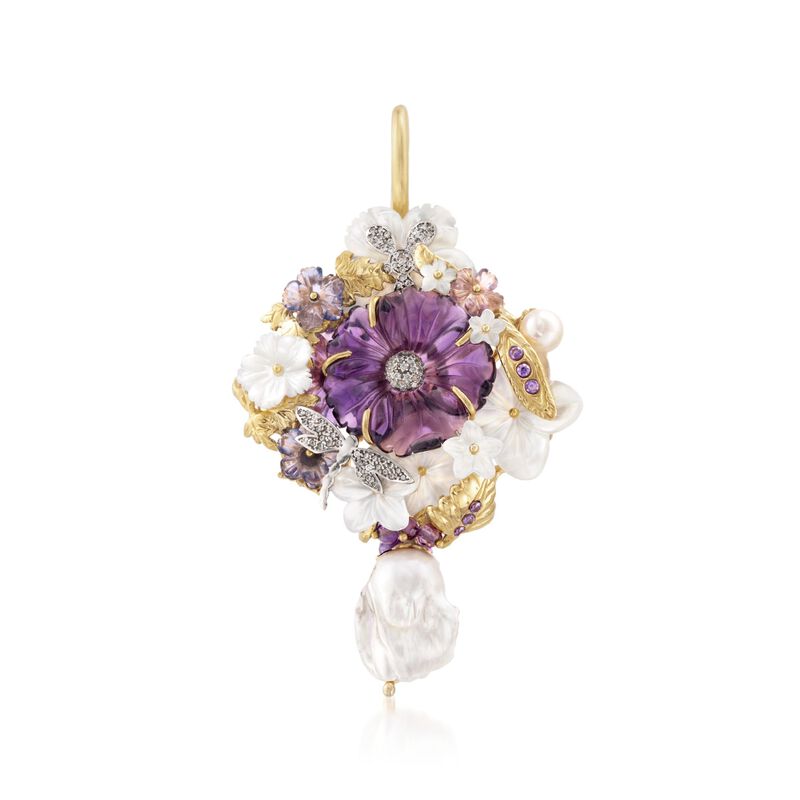 Italian Multi-Stone Floral Pendant in Two-Tone Sterling Silver image number 0