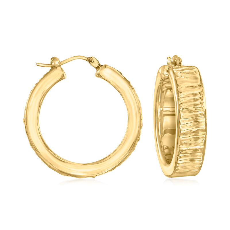 Italian Andiamo 14kt Yellow Gold Over Resin Textured and Polished Hoop Earrings. 1 1/8&quot; image number 0