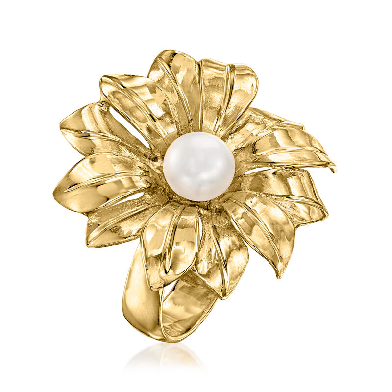 Italian 7.5mm Cultured Pearl Flower Ring in 18kt Gold Over Sterling image number 2