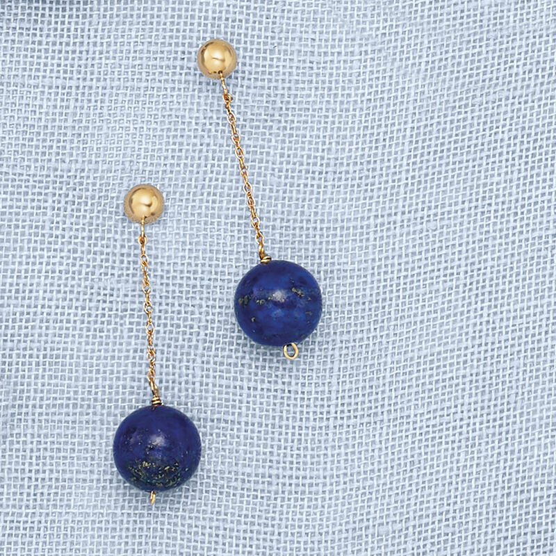 10mm Lapis Bead Drop Earrings in 14kt Yellow Gold image number 2