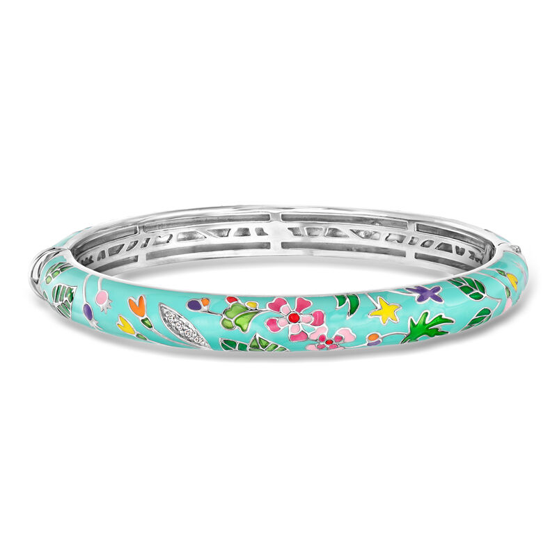 Belle Etoile "Primrose" Multicolored Enamel Bangle Bracelet with CZs in Sterling Silver. 7" image number 0