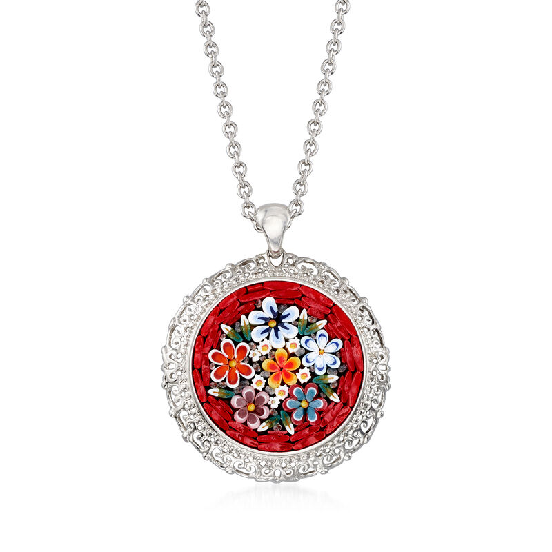 Italian Floral Mosaic Murano Glass Pendant Necklace in Sterling Silver image number 0