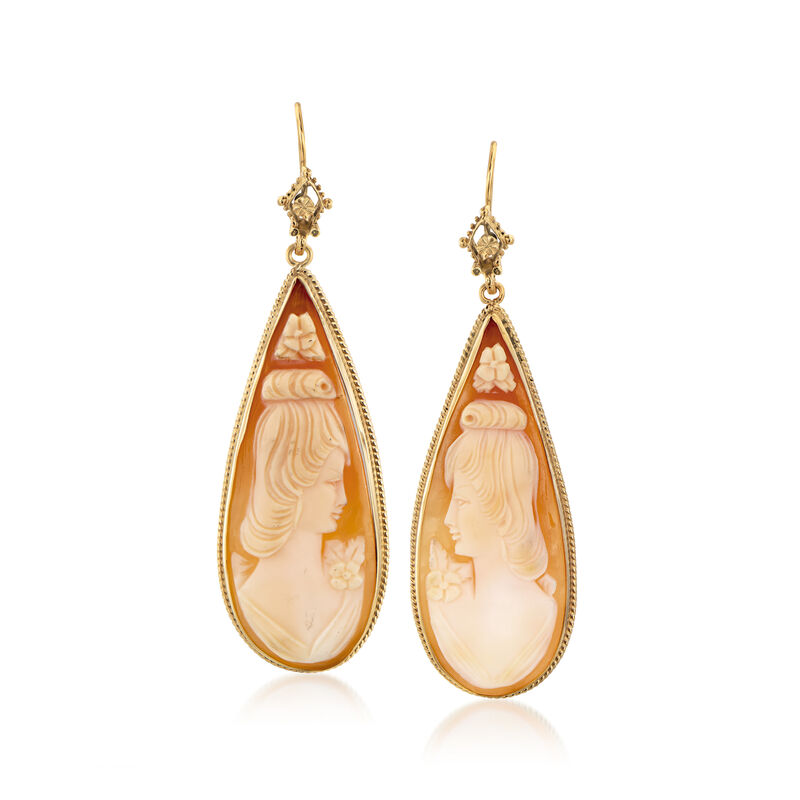 C. 1970 Vintage Brown Shell Cameo Teardrop Earrings in 14kt Yellow Gold image number 2