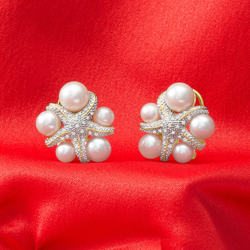 5-7.5mm Cultured Pearl and  .15 ct. t.w. Diamond Starfish Earrings in 18kt Gold Over Sterling image number 3