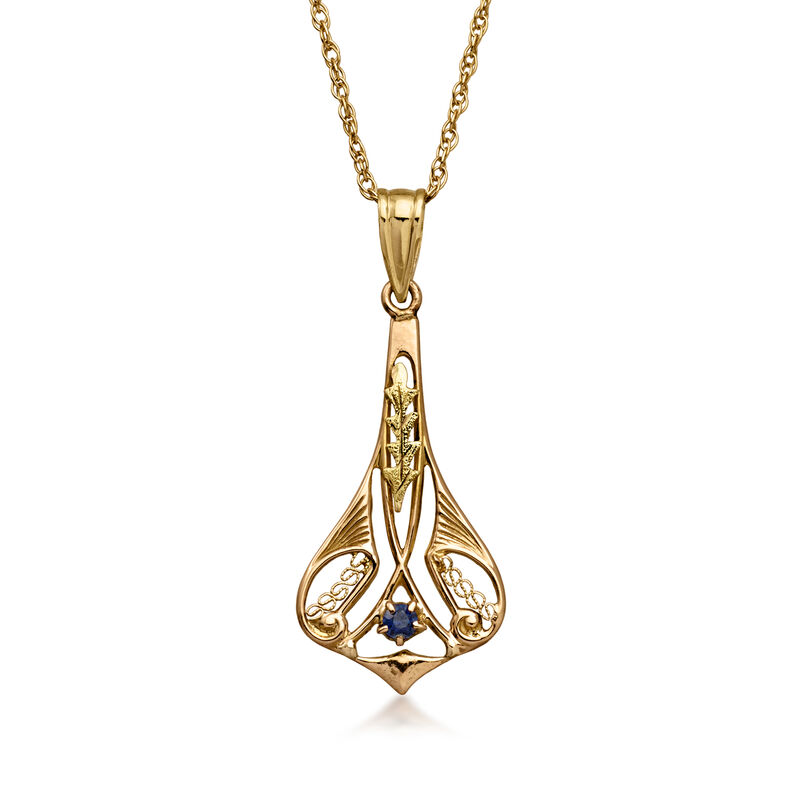 C. 1970 Vintage 10kt Yellow Gold Pendant Necklace with Single Sapphire. 18" image number 0