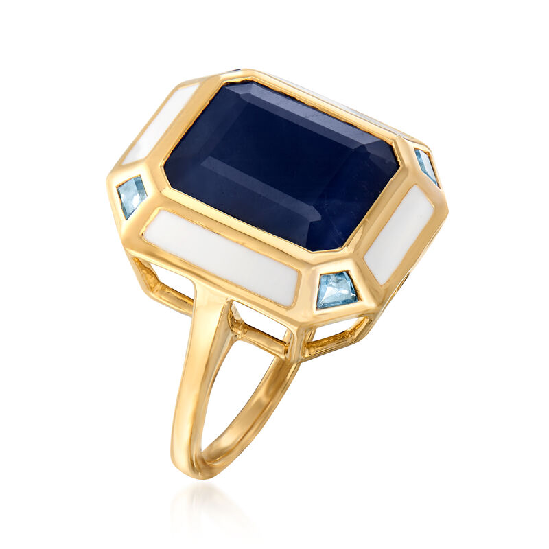 7.50 Carat Sapphire, .20 ct. t.w. Sky Blue Topaz and White Enamel Vintage-Style Ring in 18kt Gold Over Sterling image number 2