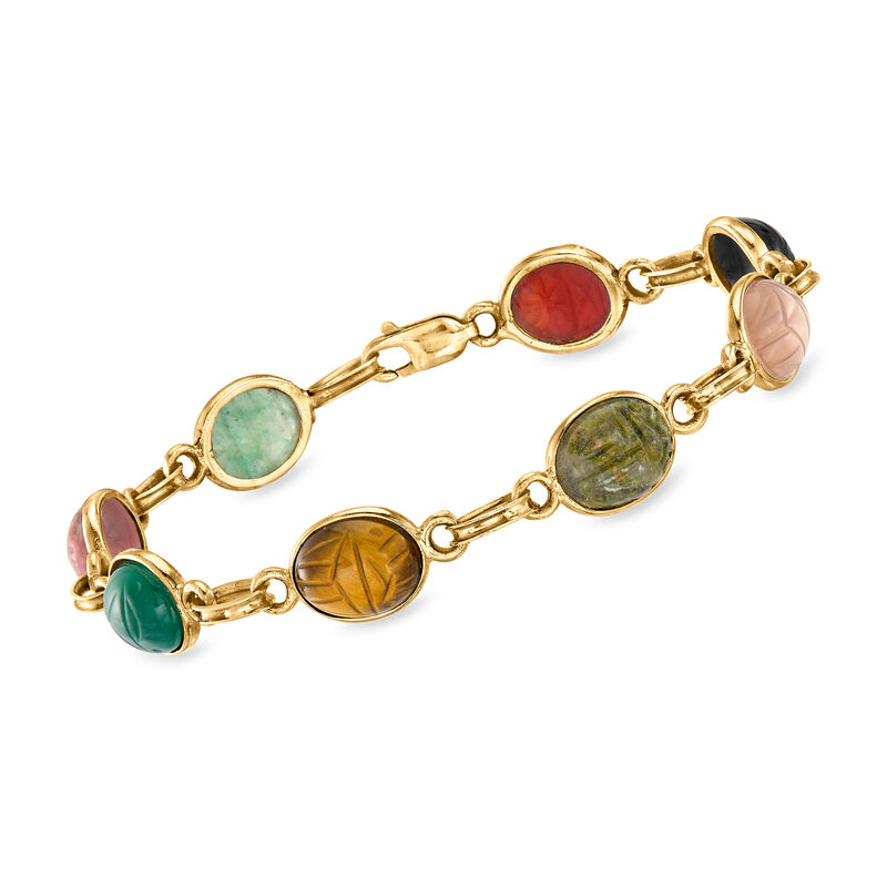 C. 1980 Vintage Multi-Gemstone Scarab Bracelet in 14kt Yellow Gold image number 0
