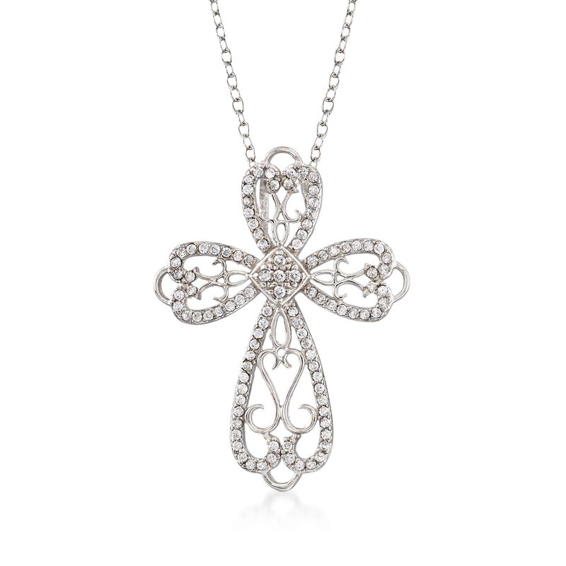 .55 ct. t.w. CZ Open Scrollwork Cross Pendant Necklace in Sterling Silver. 18&quot; image number 1