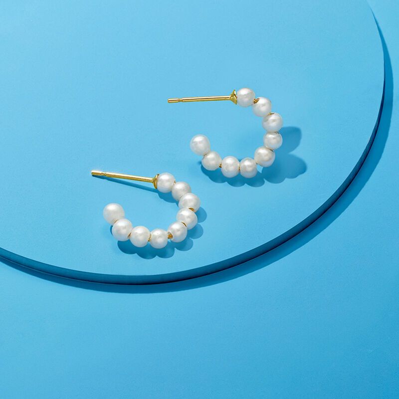3-3.5mm Cultured Pearl C-Hoop Earrings in 14kt Yellow Gold. 1/2&quot; image number 2