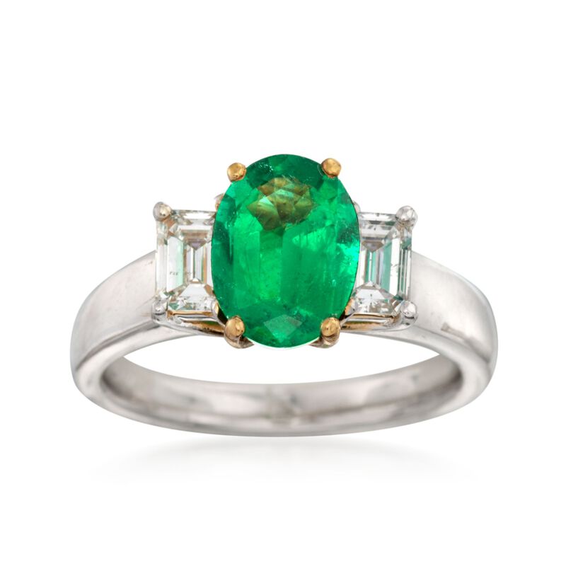 C. 2000 Vintage 1.54 Carat Emerald and .70 ct. t.w. Diamond Ring in Platinum image number 0