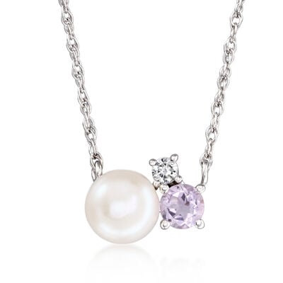 6.5mm Cultured Pearl and .20 Carat Amethyst Necklace with Single Lab-Grown Diamond in Sterling Silver