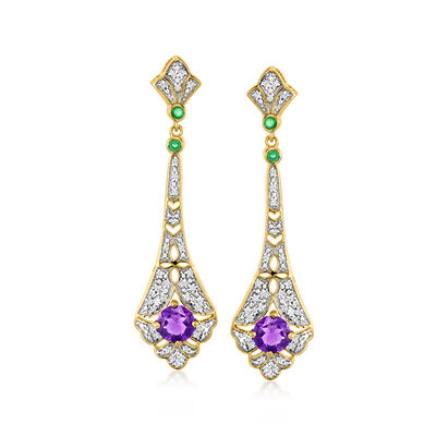 1.00 ct. t.w. Amethyst and .30 ct. t.w. White Zircon Drop Earrings with .20 ct. t.w. Emeralds in 18kt Gold Over Sterling
