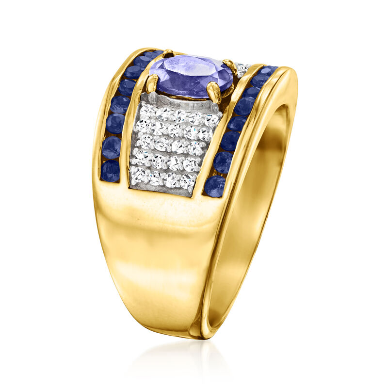 .80 Carat Tanzanite Ring with .60 ct. t.w. Sapphires and .40 ct. t.w. White Zircons in 18kt Gold Over Sterling image number 2