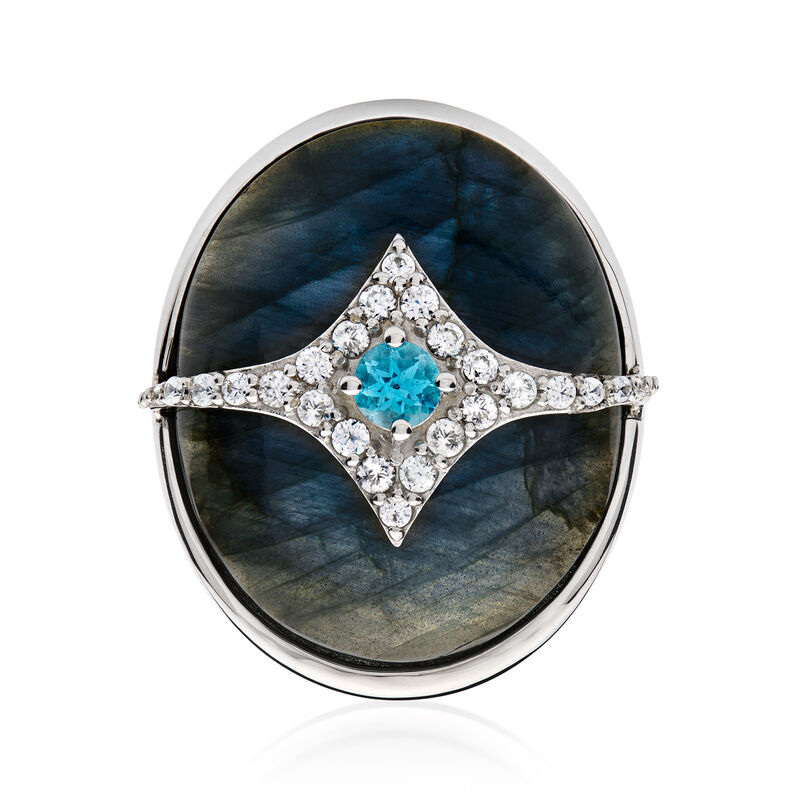 Labradorite, .80 ct. t.w. White Zircon and .30 Carat Swiss Blue Topaz Overlay Ring in Sterling Silver image number 0