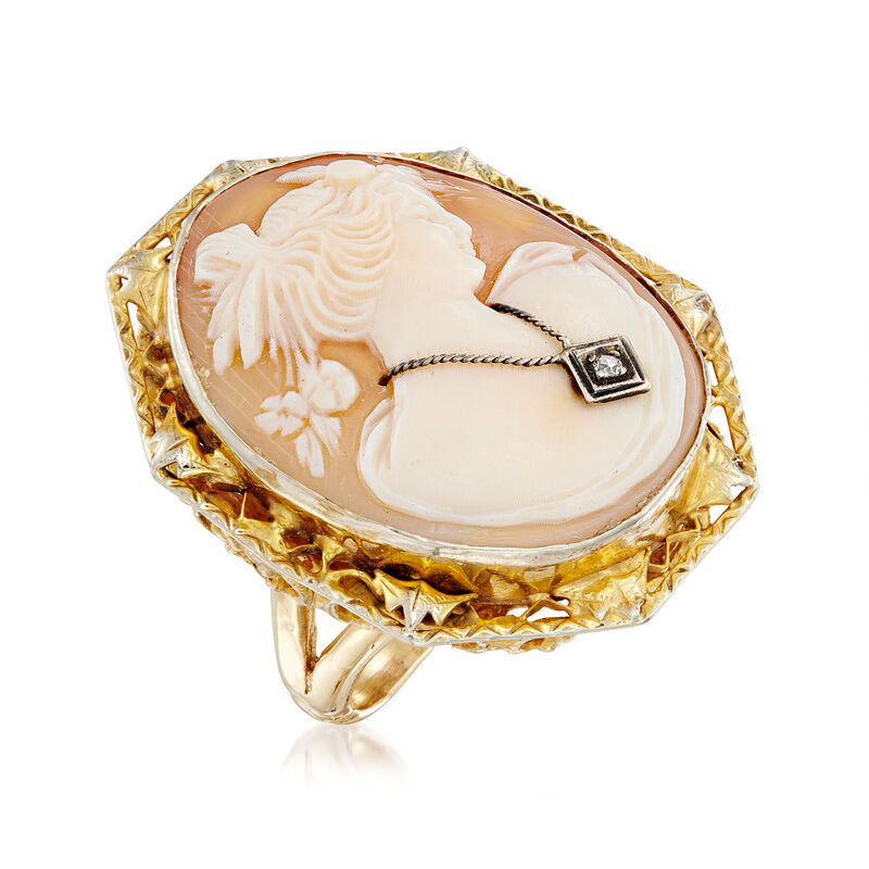 C. 1940 Vintage Brown Shell Cameo Ring with Single Diamond in 14kt Yellow Gold image number 2