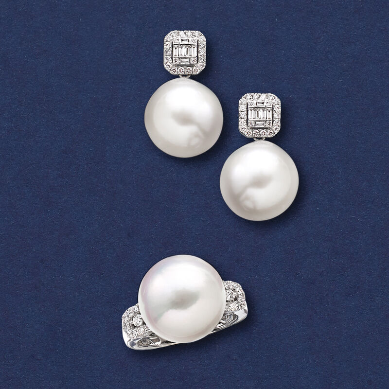 13.5-14mm Cultured Pearl and .28 ct. t.w. Diamond Ring in 14kt White Gold image number 6