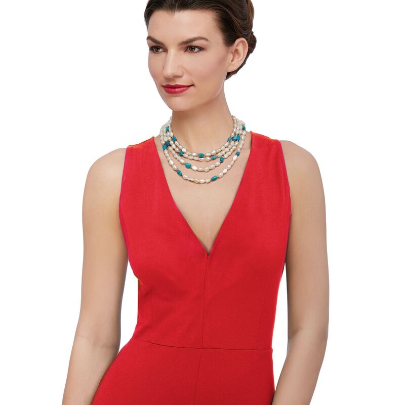 7.5-8.5mm Cultured Pearl and 7-9mm Turquoise Bead Endless Necklace with Sterling Silver Shortener. 72&quot; image number 7