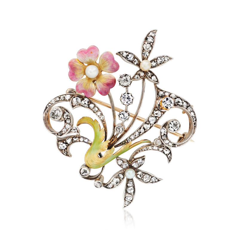 C. 1910 Vintage 2.75 ct. t.w. Diamond Floral Pin with 3.5-4mm Cultured Pearls and Multicolored Enamel in Sterling Silver and 18kt Yellow Gold image number 0