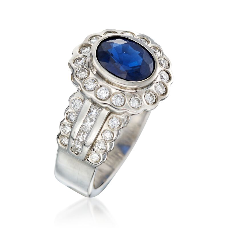 C. 1990 Vintage 2.35 Carat Sapphire and 1.10 ct. t.w. Diamond Ring in 14kt White Gold. Size 7.5 image number 2