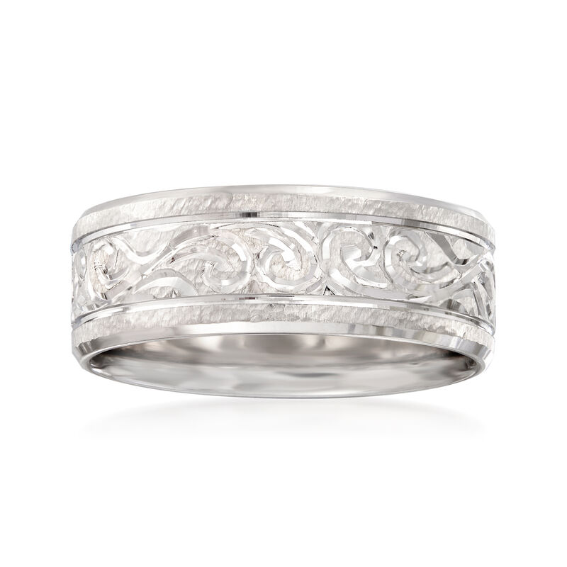 Men's 8mm 14kt White Gold Engraved Swirl Wedding Band image number 0