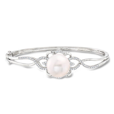 C. 1990 Vintage 13mm Cultured Pearl and .65 ct. t.w. Diamond Bangle Bracelet in 18kt White Gold
