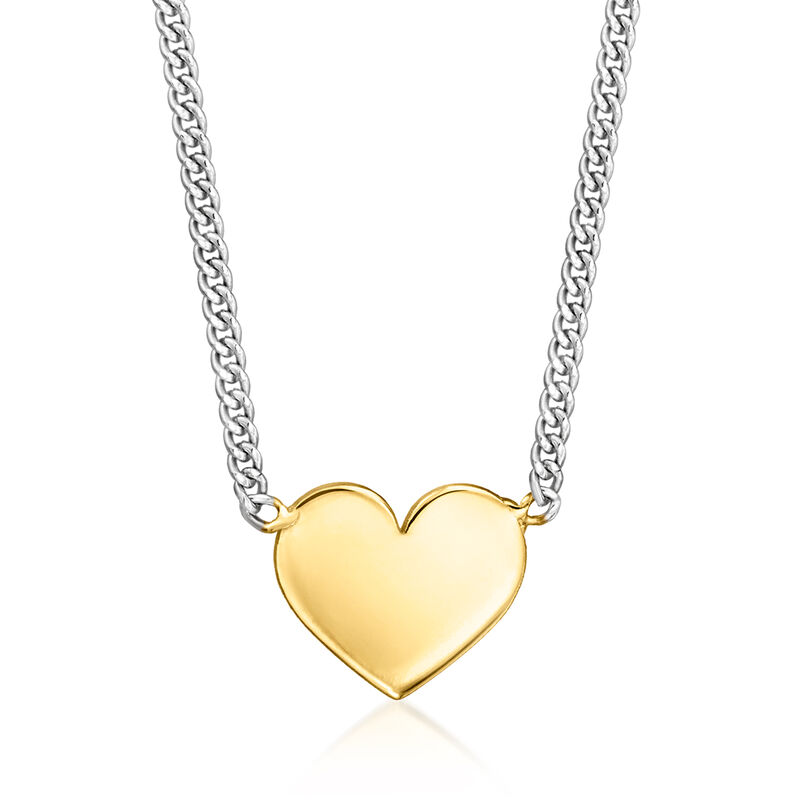 Italian 14kt Yellow Gold Heart and Sterling Silver Curb-Link Necklace. 16&quot; image number 1