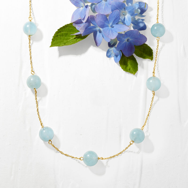 50.00 ct. t.w. Aquamarine Bead Station Necklace in 14kt Yellow Gold image number 2