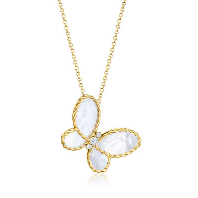 Roberto Coin "Jasmine" Mother-of-Pearl Butterfly Necklace with Diamonds in 18kt Yellow Gold