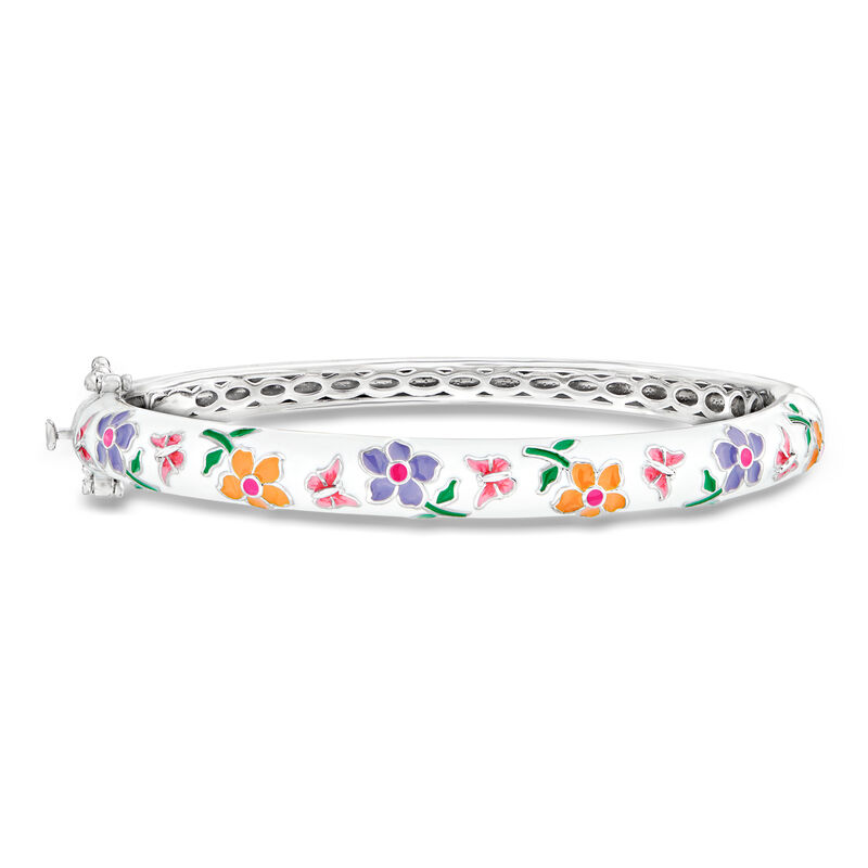 Multicolored Enamel Flower Bangle Bracelet in Sterling Silver image number 0