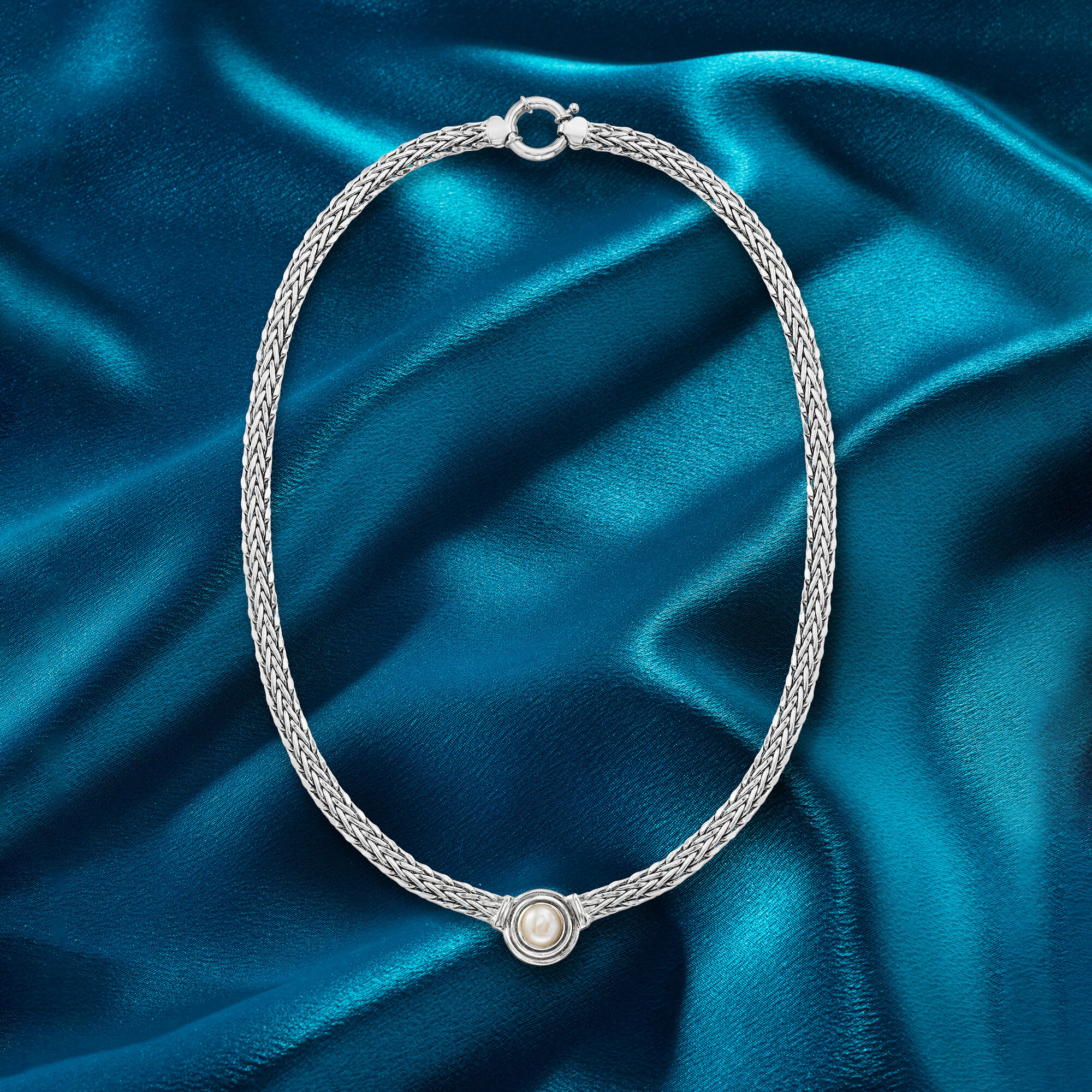 8mm Cultured Pearl Flat Wheat-Chain Necklace in Sterling Silver