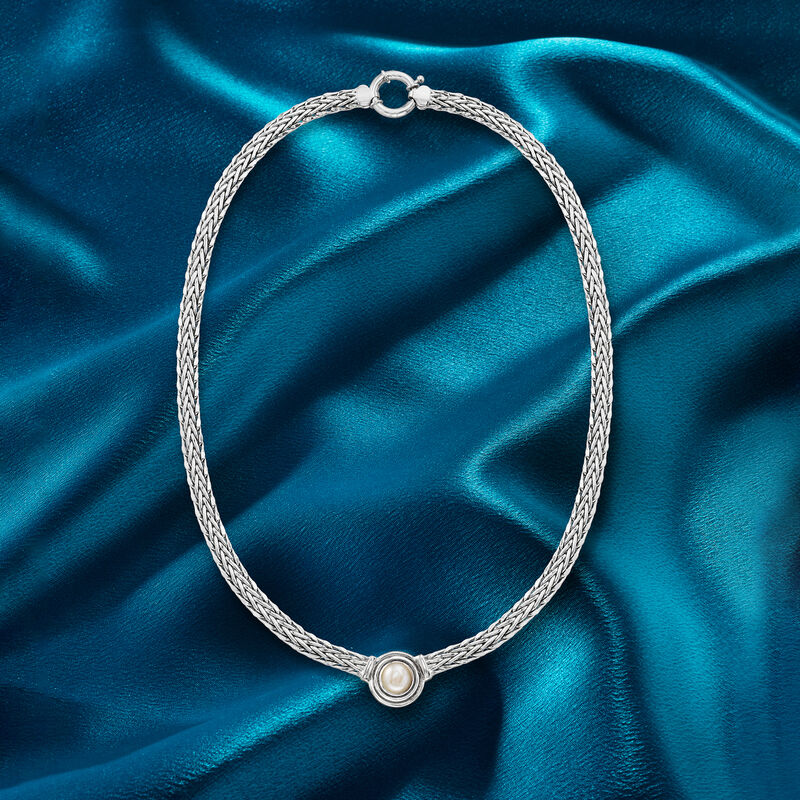 8mm Cultured Pearl Flat Wheat-Chain Necklace in Sterling Silver image number 2