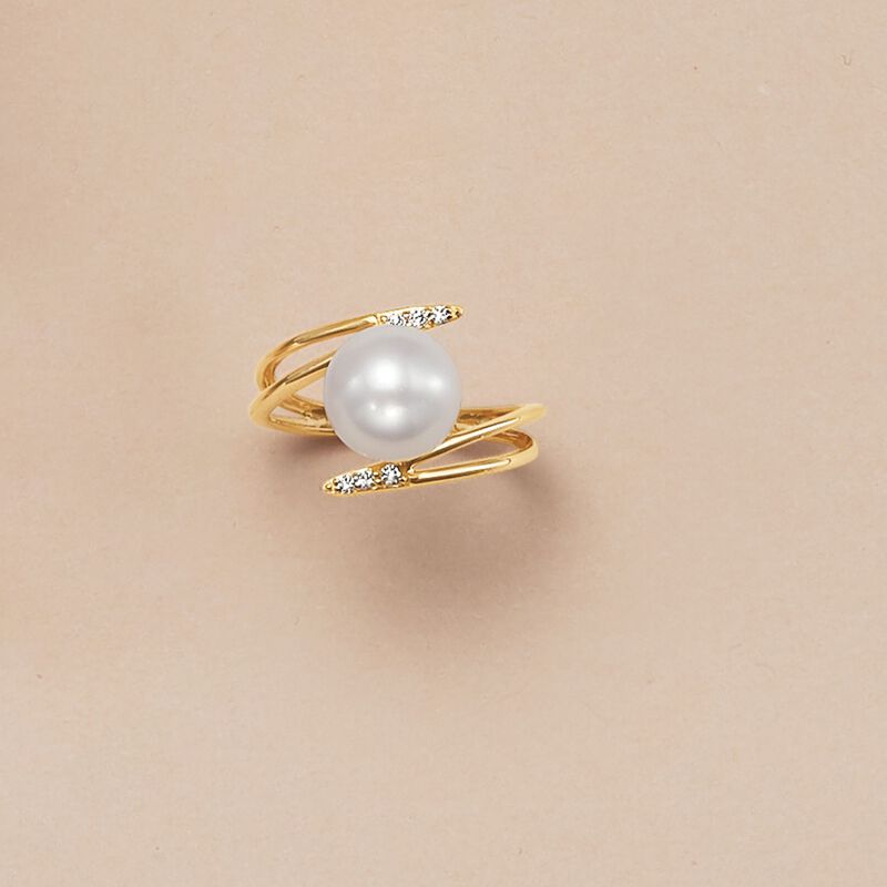 9mm Cultured Pearl Bypass Ring with Diamond Accents in 14kt Yellow Gold image number 4