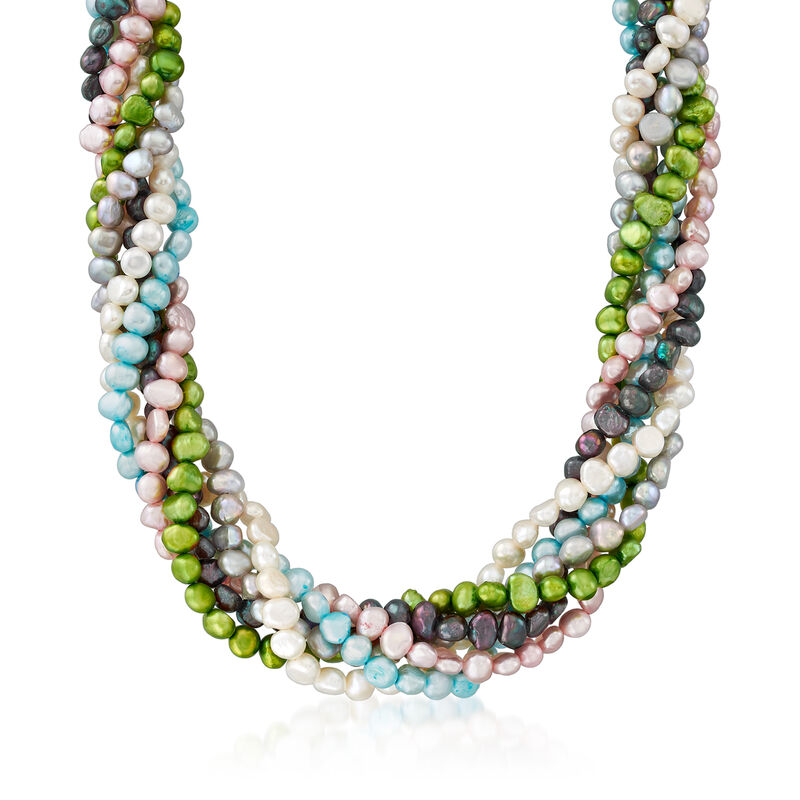 5-7mm Multicolored Cultured Pearl Torsade Necklace with Sterling Silver image number 0