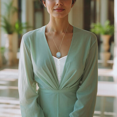 C. 1980 Vintage Opal and .20 ct. t.w. Diamond Greek Key Pendant Necklace in 14kt Yellow Gold