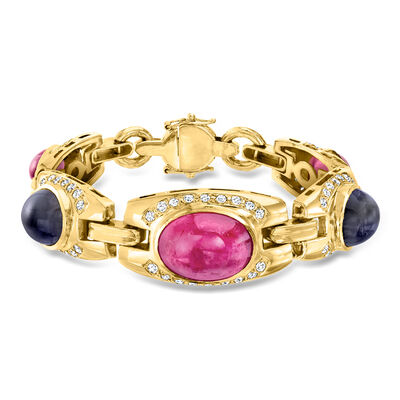 C. 1980 Vintage 28.50 ct. t.w. Pink Tourmaline and 15.00 ct. t.w. Iolite Bracelet with 3.15 ct. t.w. Diamonds in 18kt Yellow Gold