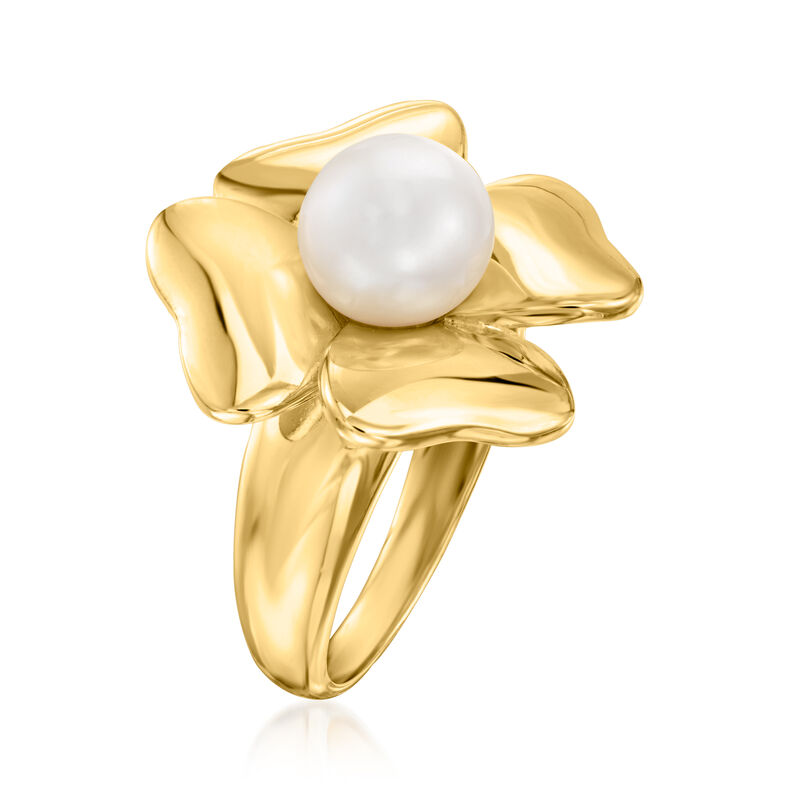 8-8.5mm Cultured Pearl Clover Ring in 18kt Gold Over Sterling image number 2