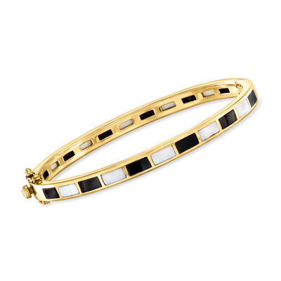 Onyx and Opal Bangle Bracelet in 18kt Gold Over Sterling