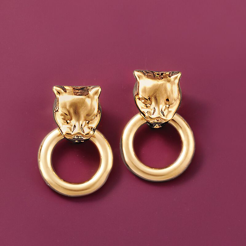 Andiamo 14kt Yellow Gold Over Resin Panther Head Doorknocker Earrings image number 3