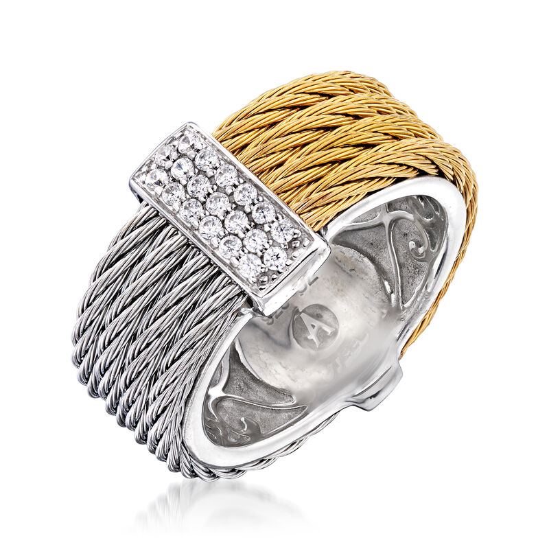 ALOR &quot;Classique&quot; .16 ct. t.w. Diamond Two-Tone Stainless Steel Cable Ring with 18kt White Gold image number 2