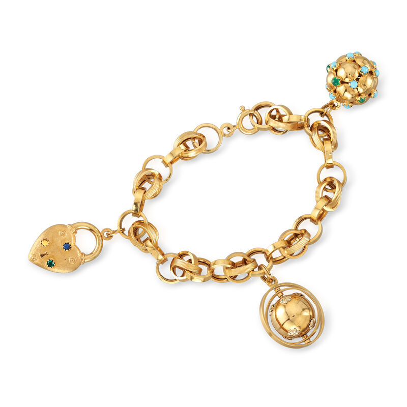 C. 1990 Vintage 18kt Yellow Gold Charm Bracelet with Multi-Gem Accents. 8&quot; image number 0