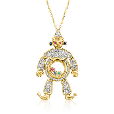 C. 1980 Vintage .65 ct. t.w. Diamond and .12 ct. t.w. Multi-Gemstone Clown Pendant Necklace in 18kt Yellow Gold