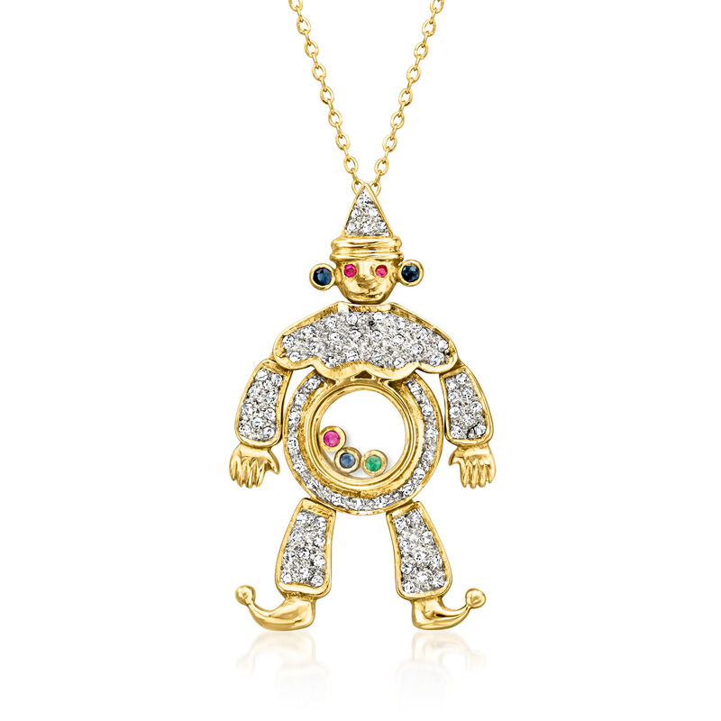 C. 1980 Vintage .65 ct. t.w. Diamond and .12 ct. t.w. Multi-Gemstone Clown Pendant Necklace in 18kt Yellow Gold. 18" image number 0