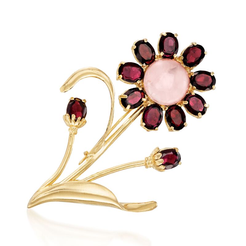 Italian Rose Quartz and 20.00 ct. t.w. Garnet Flower Pin in 18kt Gold Over Sterling image number 0