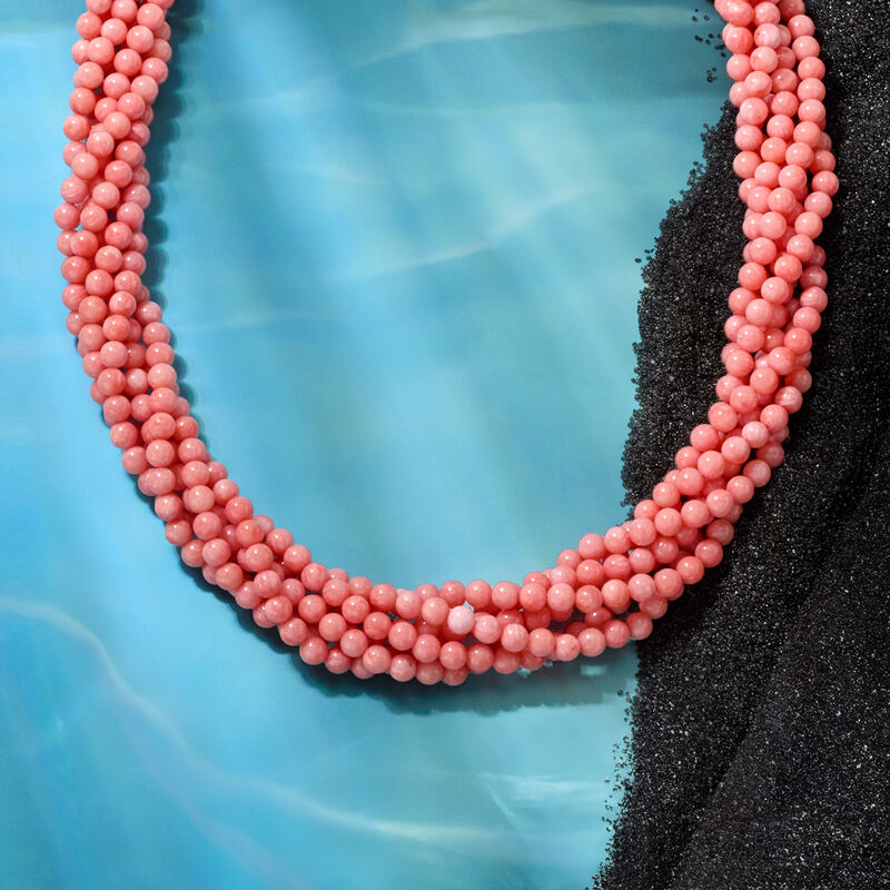 4-4.5mm Pink Coral Bead Torsade Necklace with Sterling Silver image number 3