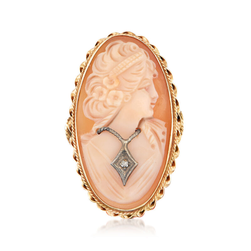 C. 1960 Vintage Pink Shell Cameo Ring with Diamond Accent in 14kt Yellow Gold. Size 7.5 image number 0
