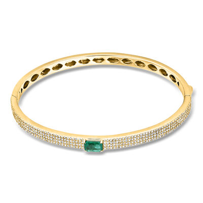 .60 Carat Emerald and 1.00 ct. t.w. Diamond Bangle Bracelet in 14kt Yellow Gold