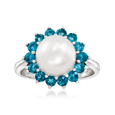 8-8.5mm Cultured Pearl and .60 ct. t.w. London Blue Topaz Ring in Sterling Silver