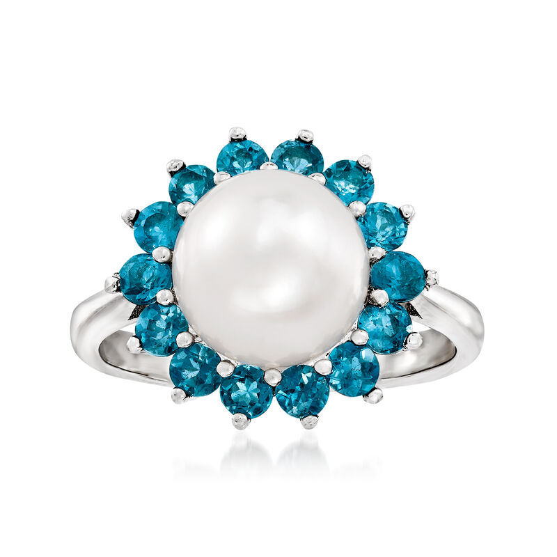 8-8.5mm Cultured Pearl and .60 ct. t.w. London Blue Topaz Ring in Sterling Silver image number 0